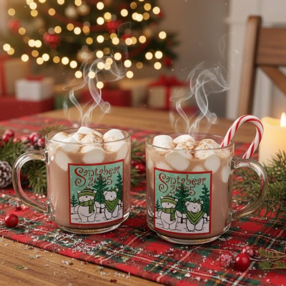 VTG Santa bear Christmas Mugs Glass Coffee Cups set 2005 Marshall Fields Holiday - Picture 1 of 9